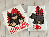 Girls Black Bear shirt or bodysuit for girls - red and black buffalo plaid trees - Darling Little Bow Shop