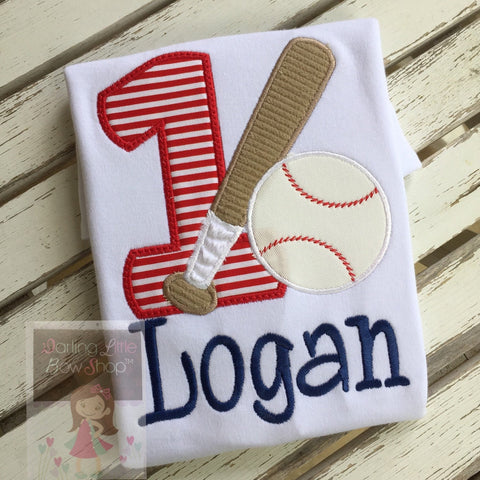 Baseball Theme Birthday Shirt -- birthday shirt with number, baseball and bat and personalized with name in red and navy blue - Darling Little Bow Shop
