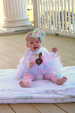 Baby Girl Easter Tutu Outfit, My 1st Easter Bunny Outfit, First Easter Chocolate Bunny bodysuit, leg warmers, bow -- pastel aqua, pink, mint - Darling Little Bow Shop