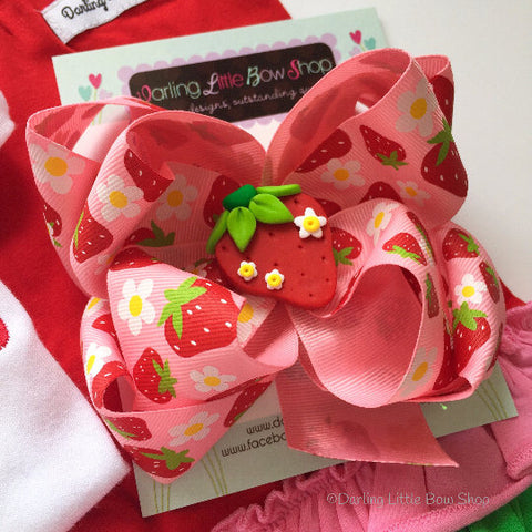 Strawberry Bow, Strawberry Hairbow with headband option - Darling Little Bow Shop