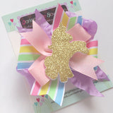 Unicorn Bow, Pastel rainbow ribbons with golden unicorn center - Darling Little Bow Shop