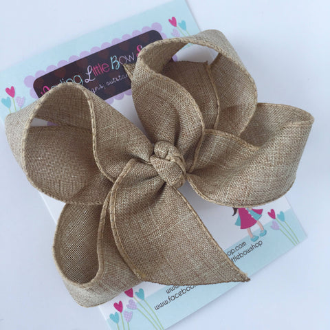 Burlap Bow - burlap look tan hairbow choose 4 inch or 5 inch bow - Darling Little Bow Shop