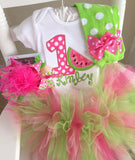Watermelon Tutu Outfit, Watermelon Birthday Outfit - Summertime Sweet - bodysuit, leg warmers, tutu, bow in pink & lime - Darling Little Bow Shop