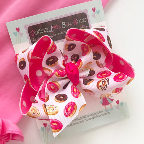 Donut Bow, donut hairbow in hot pink, choose 4-5" or 6-7" - Darling Little Bow Shop