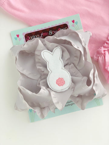 Easter Bunny Bow -- gray and white Easter Bow -- Sister Rabbit -- double stack ruffle bow with bunny center - Darling Little Bow Shop