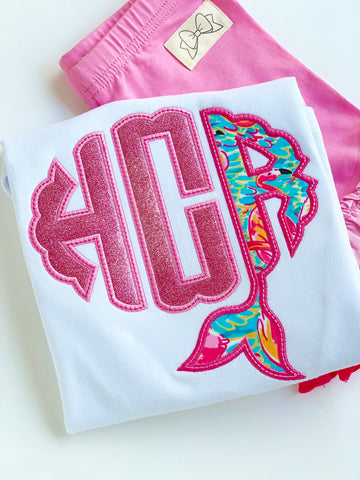 Mermaid Flamingo Girls shirt, ruffle shirt, tank or bodysuit - Magical Mermaid Monogram, pink flamingo and Lilly inspired - Darling Little Bow Shop