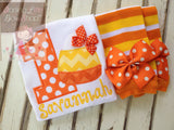 Candy Corn Bow with Headband option -- large Orange and white polka dot bow with yellow initial -- monogrammed bow for Fall - Darling Little Bow Shop