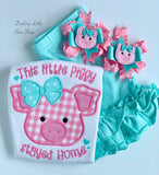 This little piggy stayed Home shirt or bodysuit for girls in pink and aqua blue - Darling Little Bow Shop