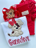 Puppy shirt or bodysuit for girls, sweet spotted puppy with a red name - Darling Little Bow Shop