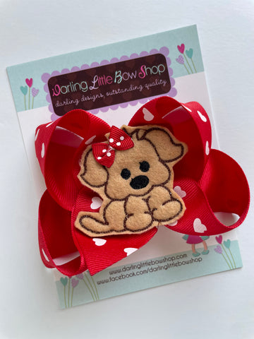 Red Puppy Bow, Hairbow with red and white hearts - Darling Little Bow Shop