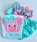 Girly Pig shirt or bodysuit for girls in pink and aqua blue - Darling Little Bow Shop