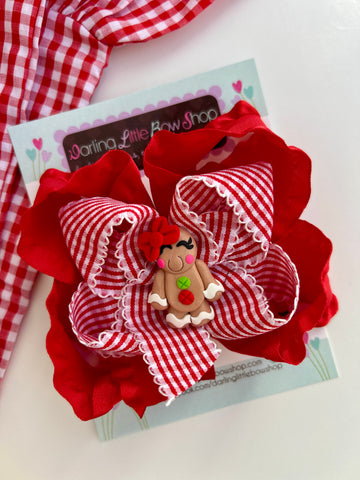 Gingerbread Lane bow - red gingham and ruffle bow with girly gingerbread center