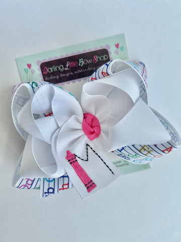 Crayon Initial hair bow wuth ABC ribbon for back to school