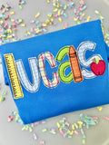 School Name Shirt for boys, boutique appliqué shirt with name in a bold fabrics and school theme