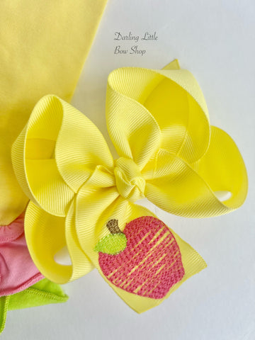 Embroidered apple hair bow for back to school