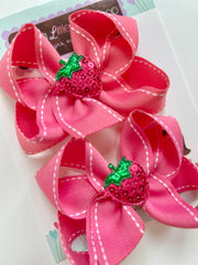 Pink Strawberry hairbows, strawberry pigtail bows