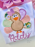 Turkey Twirl bodysuit or shirt for girls in floral pink, violet and sage