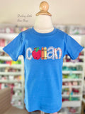 School Name Shirt for boys, boutique appliqué shirt with name in a bold fabrics and school theme
