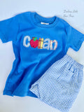 School Name Shirt for boys, boutique appliqué shirt with name in a bold fabrics and school theme