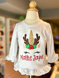 Girls Reindeer Unicorn shirt or bodysuit for girls
