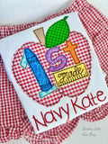 Red Gingham apple Back To School shirt, personalized with name and grade