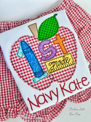 Red Gingham apple Back To School shirt, personalized with name and grade