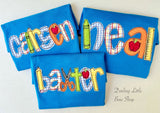 School Name Shirt for boys, boutique appliqué shirt with name in a bold fabrics and school theme