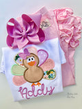 Turkey Twirl bodysuit or shirt for girls in floral pink, violet and sage
