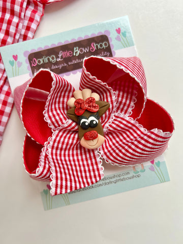 Silly Reindeer bow - red gingham bow with girly reindeer center