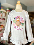 Turkey Twirl bodysuit or shirt for girls in floral pink, violet and sage