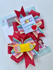 Back to School Pigtail Bows - Pencil N Paper - sweet piggies set with red ruffle and rainbow ribbons - perfect for kindergarten or preschool