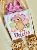 Turkey Twirl bodysuit or shirt for girls in floral pink, violet and sage