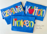 School Name Shirt for boys, boutique appliqué shirt with name in a bold fabrics and school theme