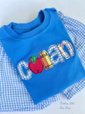 School Name Shirt for boys, boutique appliqué shirt with name in a bold fabrics and school theme