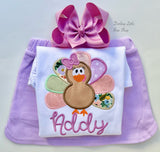 Turkey Twirl bodysuit or shirt for girls in floral pink, violet and sage