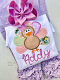 Turkey Twirl bodysuit or shirt for girls in floral pink, violet and sage