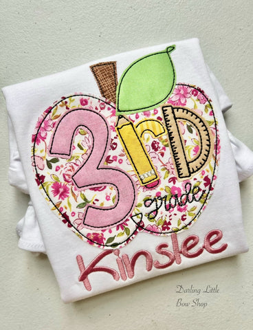 Adorable floral apple Back To School shirt, personalized with name and grade