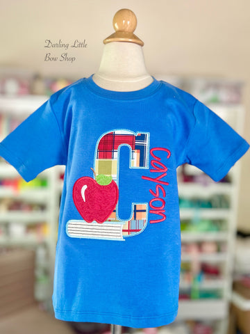 First Day of School Shirt for boys, boutique appliqué shirt with name and initial