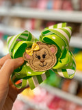 Monkey Bow -- 5" monkey hairbow in green and yellow