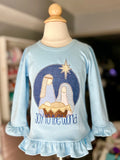 Nativity light blue ruffle shirt for girls - Joy to the World