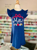 Navy School Dress with coquette bow frame, school embroidery
