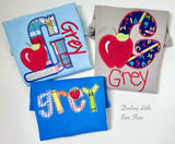 School Name Shirt for boys, boutique appliqué shirt with name in a bold fabrics and school theme