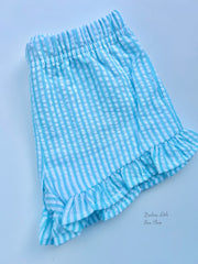 Aqua Seersucker ruffle shorts