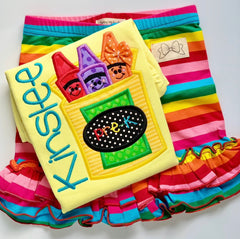 Colorful Crayon Ruffle shirt for girls in yellow