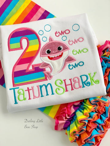 Baby Shark 2nd Birthday TWO TWO Shirt or bodysuit for girls in rainbow colors - Darling Little Bow Shop