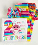 Baby Shark 2nd Birthday TWO TWO Shirt or bodysuit for girls in rainbow colors - Darling Little Bow Shop