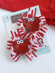 Crab hairbows, crab theme pigtail bows in red and white