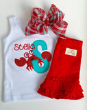 Crab shirt, tank top or bodysuit for girls in red and aqua - Darling Little Bow Shop