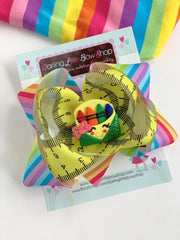 Crayon bow - fun 5-6" rainbow double stacked bow with crayon box center