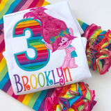 Trolls Birthday Shirt or bodysuit for girls in rainbow colors ANY AGE - Darling Little Bow Shop